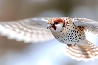 Spotted finch in flight with spread wings against soft blurred background, displaying detailed feather pattern and distinctive red facial markings in close-up nature photography.