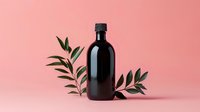 Dark glass bottle with green leaves on pink background, minimalist composition with natural elements and shadows for cosmetic, beverage or essential oil packaging design.
