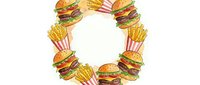 Colorful fast food items arranged in a circular frame with hamburgers and french fries on white background, suitable for restaurant menus, food delivery apps, and casual dining promotions.