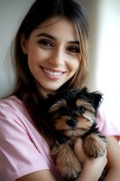 Young Hispanic woman in pink shirt holding adorable Yorkshire terrier puppy, showing genuine smile and natural makeup. Close-up portrait with soft lighting for lifestyle blogs.