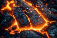 Glowing hot lava cracks through dark volcanic rock surface, creating dramatic orange magma streams with floating sparks and embers against black texture.