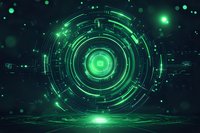 Futuristic green circular interface with glowing technological elements and concentric rings against dark background creates sci-fi atmosphere for tech designs.