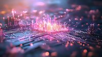 Futuristic circuit board with glowing pink and blue neon lights creating digital city skyline effect. Abstract technology background with depth of field and bokeh.