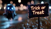 Glowing blue ghost decoration with trick or treat sign against blurred bokeh lights background creates spooky Halloween atmosphere for seasonal designs.