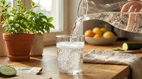 Young adult female pouring filtered water into glass on wooden kitchen counter with fresh produce and potted herbs for healthy lifestyle and wellness content.