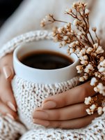 Female hands holding white ceramic mug with knitted cozy and black coffee, decorated with dried white baby's breath flowers against soft white knitted background.