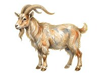 Ornate goat with decorative patterns and flowing mane isolated on white background, suitable for design projects, clipart, and merchandise applications.