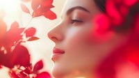 Young Asian woman with closed eyes and red lipstick in profile view surrounded by vibrant red autumn leaves creating dreamy atmospheric portrait with soft natural lighting.