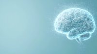 Glowing digital brain visualization with connected dots and lines forming neural network pattern on soft turquoise background, representing artificial intelligence.