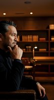 Middle-aged man with dark hair and beard in contemplative pose, hand to chin, wearing black suit in warm-lit office library setting for business and professional concepts.