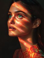 Young woman with striking green eyes illuminated by vibrant orange and red light streaks creating dramatic shadows and highlights on her face against dark background.