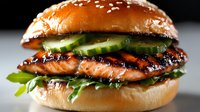 Grilled salmon burger with fresh cucumber slices and arugula on sesame seed bun, close up view showing juicy fish fillet with caramelized glaze.