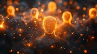 Glowing orange silhouettes of human heads emerging from darkness with magical light particles and bokeh effects creating mysterious spiritual atmosphere.