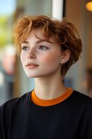 Young woman with short copper hair and blue eyes wearing black sweatshirt with orange collar looking away thoughtfully in soft natural lighting. Perfect for lifestyle and beauty.