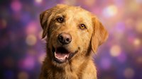 Happy golden retriever dog portrait with colorful bokeh lights background for pet photography, holiday cards, and animal lover designs.