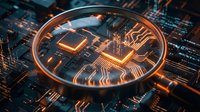 Glowing orange circuit board with magnifying glass highlighting microchip and electronic pathways for technology analysis and digital innovation concepts.