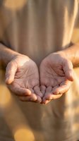 Open cupped hands in warm sunlight showing gesture of giving, receiving or offering help with soft golden lighting and peaceful atmosphere.