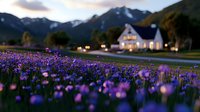 Dreamy purple wildflower meadow at dusk with cozy farmhouse and mountain backdrop, glowing windows create warm ambiance against twilight sky.