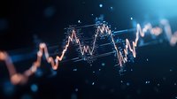 Stock market chart showing dynamic price movement with glowing lines against dark blue background, financial data visualization with bokeh effect.
