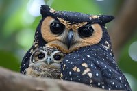 Close up portrait of spotted eagle owl parent with baby owlet nestled together on tree branch, showing protective nurturing behavior and tender family moment.