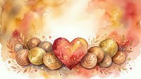 Watercolor heart surrounded by golden coins with floral accents on warm red and orange background, symbolizing love, wealth, and prosperity.