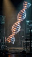 Glowing DNA double helix structure with illuminated orange and blue segments floating in laboratory environment with scientific equipment and particles.