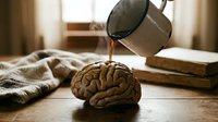 Young adult male, Caucasian appearance, pouring liquid from metal cup onto brain model on wooden desk with books and fabric nearby, representing knowledge transfer and learning concept.