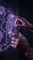 Male hands interacting with holographic global weather map display showing atmospheric data and storm systems in purple neon light for meteorology and climate technology concepts.