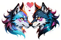 Romantic artistic illustration of two colorful wolf heads facing each other with heart symbol, perfect for valentine cards, tattoo designs and fantasy art projects.