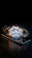 Holographic house model emerging from smartphone screen with glowing light trails and digital particles for real estate technology applications.