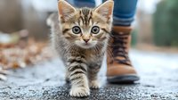 Curious striped tabby kitten with blue eyes walking outdoors near rubber boots on autumn day, selective focus on adorable young cat exploring nature.