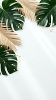 Tropical monstera leaves and golden palm fronds frame white background with copy space for summer vacation design and natural botanical decoration.
