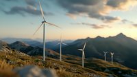 Wind turbines on mountain ridge against dramatic sunset sky, renewable energy generation in rugged terrain with golden light illuminating landscape.