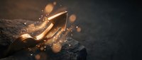 Golden arrow piercing through dark stone surface with dramatic sparks and glowing particles creating dynamic breakthrough concept for business success.