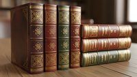 Classic leather-bound books with ornate gold detailing arranged on wooden shelf, vintage library collection with decorative spines in rich colors.