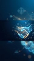Digital handshake with glowing network connections and data visualization elements representing business partnership and technological collaboration.