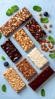 Assortment of protein and energy bars with nuts, seeds, chocolate, and fresh mint leaves on light blue background for healthy snacking.
