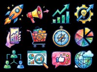 Startup business icons set with rocket, megaphone, growth chart, gear, mobile analytics, shopping cart, compass, pie chart, team, magnifying glass, thumbs up, and globe isolated on transparent background for design use.
