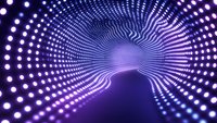 Futuristic glowing tunnel with spiral light dots pattern in purple and blue neon colors creating optical illusion of infinite depth and movement.