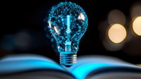 Glowing blue light bulb with network connections floating above open book pages against dark background with bokeh lights, symbolizing innovation and knowledge.