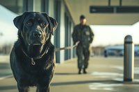 Black Labrador police dog in foreground with uniformed officer standing guard in background at secure facility entrance during sunset patrol duty.
