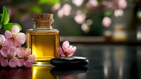 Aromatic massage oil in glass bottle with cork stopper alongside zen stones and delicate pink cherry blossoms on reflective surface in spa setting.