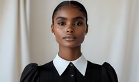 Young African American woman wearing classic black dress with white collar, natural makeup and sleek hairstyle against light background, professional business portrait.