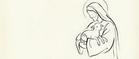 Mother holding newborn baby in tender embrace with halo, minimalist line art drawing on beige background for religious and spiritual design projects.