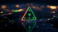 Glowing neon triangle with digital icons floating above dark cityscape background, reflecting on glossy surface with bokeh lights and futuristic cyberpunk atmosphere.