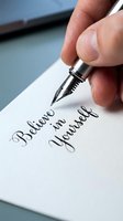 Hand holding fountain pen writing believe in yourself motivational quote on white paper for personal development and self confidence inspiration.