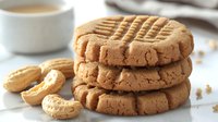 Stack of homemade peanut butter cookies with fork marks and crumbs on white surface, served with coffee cup in background, fresh baked golden brown treats.