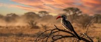 Red-billed hornbill perched on thorny branch against golden sunset sky in African savanna landscape with acacia trees silhouetted in warm evening light.