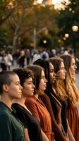 Group of diverse young women standing in profile at outdoor public gathering during golden hour with blurred crowd and trees in background, representing unity, community, and togetherness.