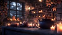 Mystical witch kitchen with cauldron, candles, and herbs in warm candlelight. Atmospheric alchemy workspace with potion ingredients and moonlight through windows.